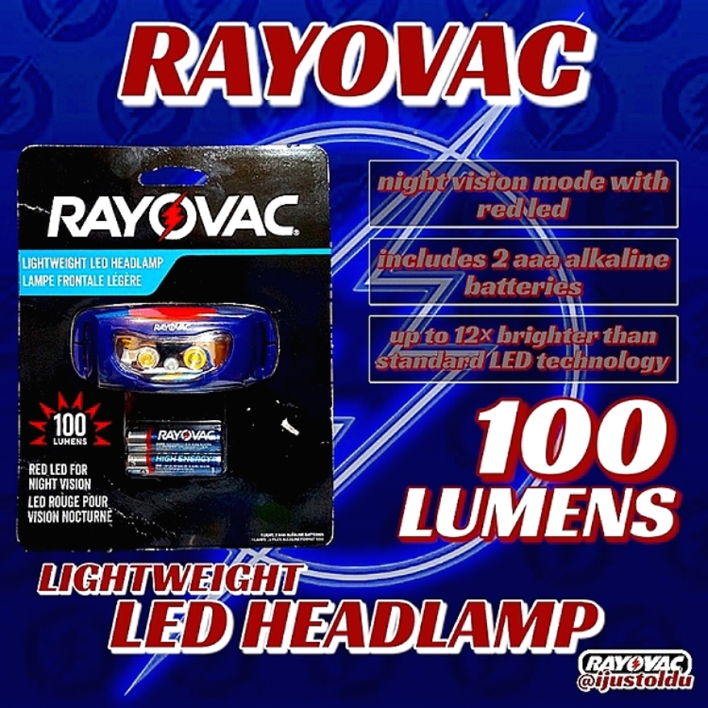 RAYOVAC Lightweight LED Headlamp, 2 Mode High/Red | 100 lm + Includes 2 AAA Batt
